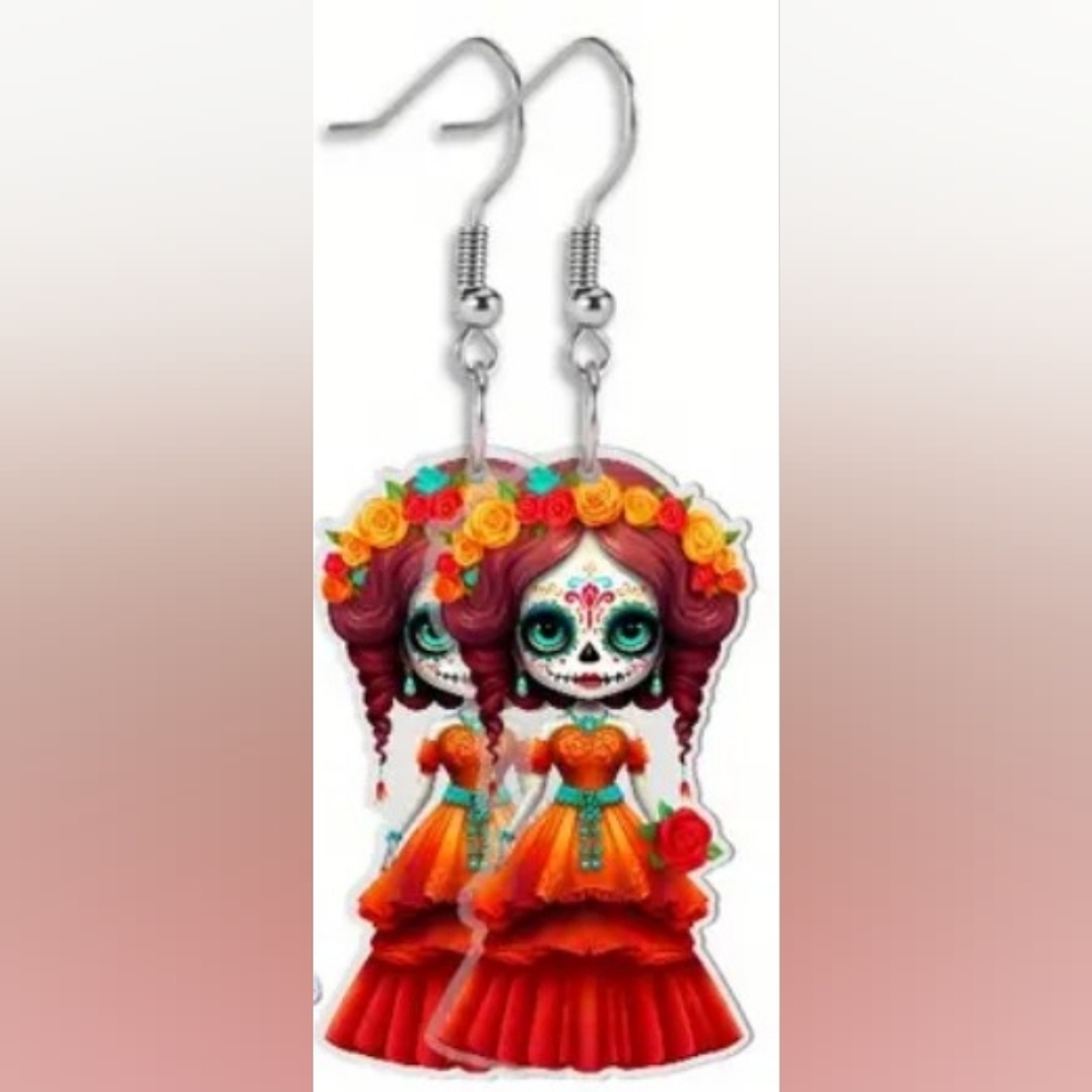 Handcrafted Festival Cottagecore Colorful Day of‎ the Dead Earrings -(#1,047)